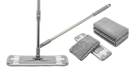 Grey Microfiber Flat Mop with Extendable Stainless Steel Handle and Replaceable Pads.