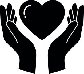 Hands gently holding a black heart shape symbol of love care support and kindness vector