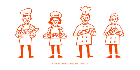 Hand Drawn Cartoon Baker and Chef Illustration
Set with Bread and Pastry in Vintage Doodle Line Art Style for Bakery and Culinary Design