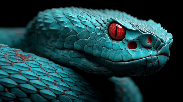 A strikingly detailed close-up captures the intense gaze of a turquoise snake, its scales shimmering with texture and light, evoking a sense of primal beauty and quiet power.