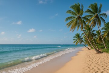 Coastal Paradise: Sun-kissed sands meet the tranquil turquoise waters, as lush palm trees sway gently in the breeze, creating an idyllic scene of serenity.