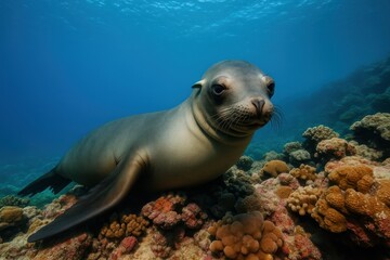 Obraz premium Curious Seal Undersea: A captivating underwater portrait of a playful seal, its sleek body contrasted against the vibrant coral reef in a scene of undersea tranquility.