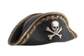 Classic tricorne pirate hat featuring gold edging and central ivory skull insignia, subtle felt texture, isolated on transparent background.
