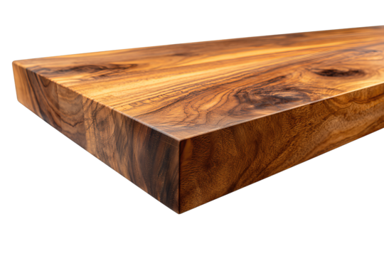 Elegant walnut plank for display, satin-oiled with beveled edges and distinct grain texture, isolated on transparent background.

