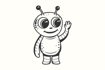 Cartoon line art depicts an alien character happily waving hello with a smile