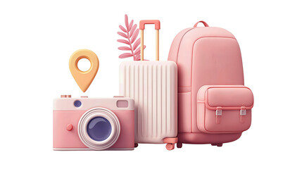 Minimal travel icon set with suitcase, backpack, camera, and location marker, soft shadows, curved layout, isolated on transparent background.
