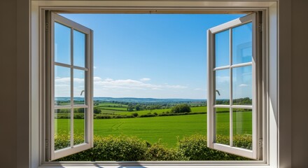 Open Window View: An inviting open window frames a stunning picturesque panoramic view of lush, rolling green fields under a bright blue sky, creating a sense of serenity and freedom.