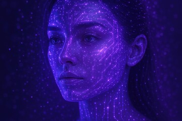 Digital Mind: A captivating close-up of a woman's face, adorned with intricate, glowing patterns that evoke the boundless potential of artificial intelligence and the digital frontier. 