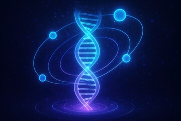 Obraz premium Digital DNA: A glowing illustration of a DNA strand, spiraling elegantly in a vibrant neon blue, symbolizing the essence of life and scientific innovation.