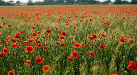 Fototapeta premium Vibrant Red Poppies in a Lush Green Field.