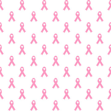 Pink ribbon on a white background seamless pattern. Breast cancer awareness concept. Vector illustration.