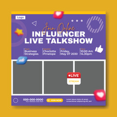 Influencer live talkshow announcement featuring three diverse professionals discussing topics online