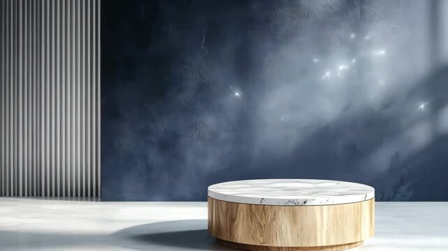 Serene Minimalist Product Display:  Elegant Wooden and Marble Platform on Moody Blue Background