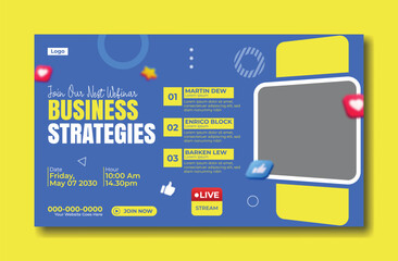 Modern business strategies webinar event promotion with dynamic graphics and live session information