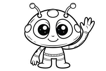 Cheerful alien character waving hello with a big smile in monochrome drawing