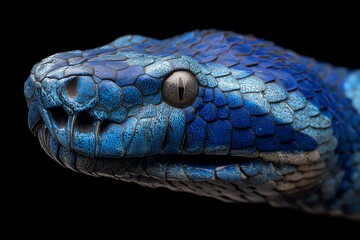A striking close-up captures the intricate scaled texture and intense gaze of a vibrant blue snake, emphasizing its reptilian beauty and powerful presence against darkness.