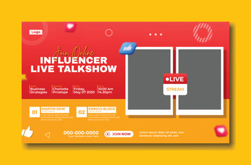 Modern influencer live talkshow event promotion banner with social media icons and live broadcast elements