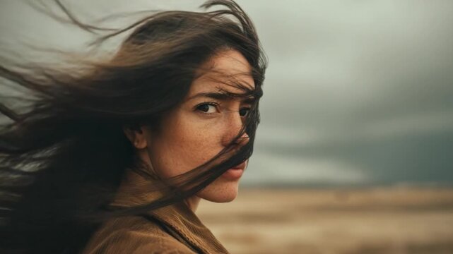 Wind-Swept Gaze: A portrait of resilience and determination emerges as a woman faces a blustery landscape, her windswept hair mirroring the dramatic sky, capturing a moment of introspection.