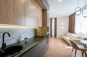Modern apartment featuring a kitchen with wood cabinets, black countertops, marble backsplash, and open living area with sofa and dining table