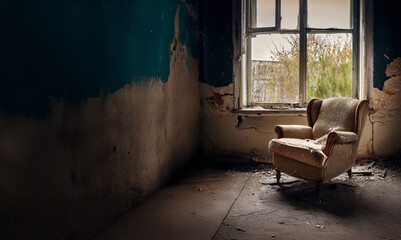 Old armchair by the window in an old, abandoned, dilapidated house.