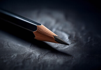 Wooden pencil, sharpened to a point, on a dark gray textured background. Close up.