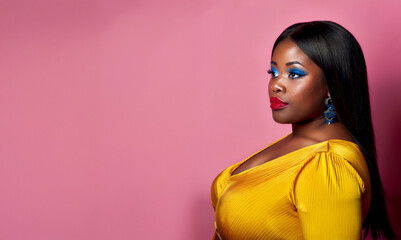 Attractive, glamorous, plus size model with black hair, wearing makeup, posing against a pink backdrop. Copy space on right.