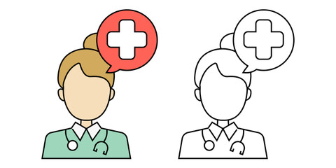 Female doctor talk icon, woman medical consultation and healthcare communication symbol for hospital, telemedicine, and education projects, vector illustration.
