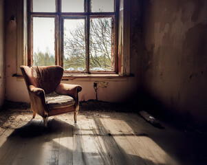 Old room with window and an old armchair in an abandoned house.