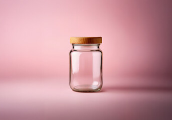 Clear empty glass jar with a wooden lid, isolated on a rose pink background.