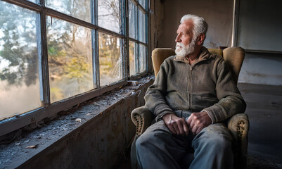 Elderly man sitting in an old armchair by the window in a dilapidated house. Senior man feeling loneliness and solitude.