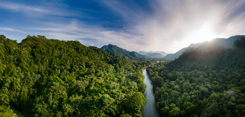Vast tropical rainforest and mountains stretching to the horizon, with a winding river below and blue sky with wispy clouds.