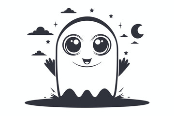 Cheerful cartoon ghost waves hello amidst a night sky with moon and stars