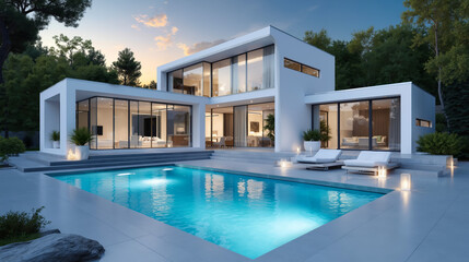 Fototapeta premium A modern house with a swimming pool in the backyard