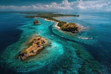 sweeping aerial view of tropical islands surrounded by turquoise sea, bright clear skies, vibrant atmosphere.