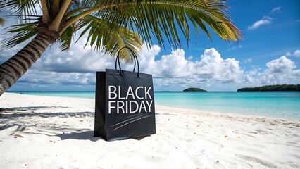 A black friday shopping bag on a tropical beach, with palm tree and turquoise sea, isolated on white background