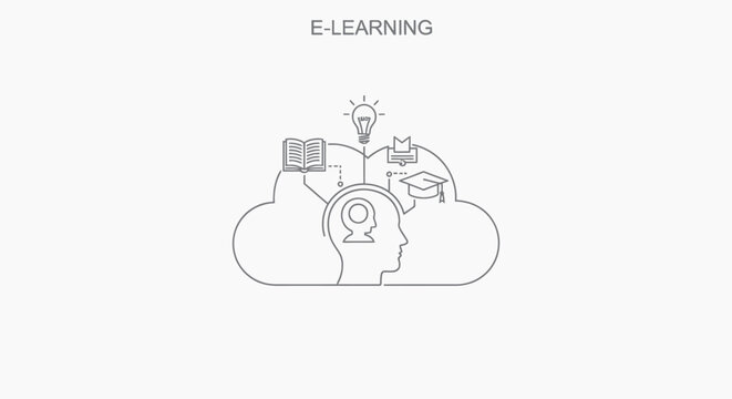 E-learning concept illustration with a cloud, human head, and educational line art icons.