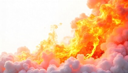 Intense flames burning brightly against a stark white background, perfect for design projects needing a fiery element  Clean, crisp image with high contrast ,  destruction,  fuel,  warning