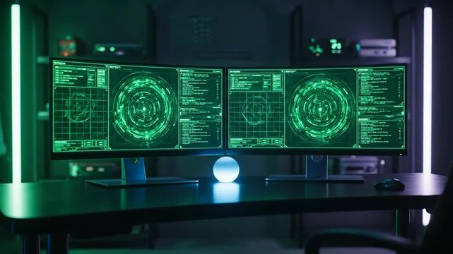 Futuristic Command Center with Dual Monitors Displaying Animated Green HUD Surveillance Data