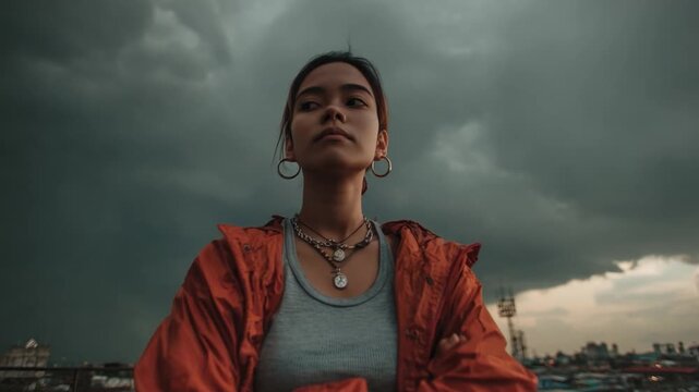 Strength in the Storm: A determined young woman stands tall against a brooding, overcast sky, embodying resilience and quiet strength.
