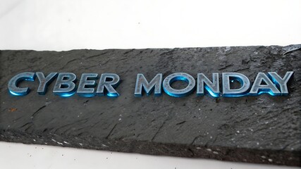 Fototapeta premium Closeup of cyber monday text in metallic blue letters on a dark stone surface, highlighting a significant online shopping event