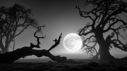 Moonlit night scene with full moon and gnarled trees in grayscale