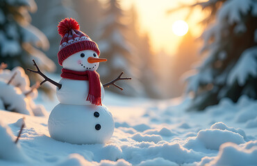 Fototapeta premium cheerful snowman stands amidst serene winter wonderland bathed warm golden sunlight filtering frosty trees tranquil