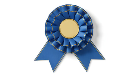 Classic Blue Award Ribbon Rosette with Gold Center — First Place Prize Ribbon on White Background