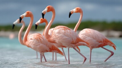 Obraz premium Pink flamingos wading in shallow water on a sunny day at a tropical location