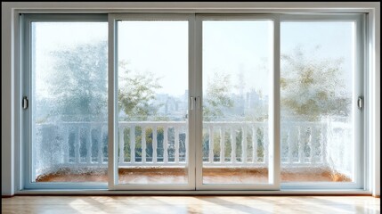 Modern Sliding Glass Doors with Textured Glass Panels, White Balcony, and Blurry Cityscape View