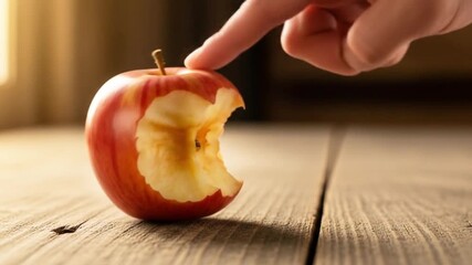 Closeup of a hand reaching for a bitten red apple on a wooden table, symbolizing temptation, healthy eating, and the consequences of indulgence - Powered by Adobe