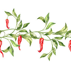 Hand-drawn illustration of a seamless horizontal border featuring red chili peppers on a vine with green leaves