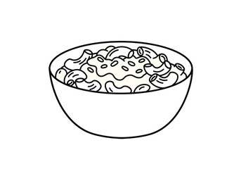 Macaroni and cheese drawing. It is a line art sketch of a bowl of macaroni and cheese, a popular comfort food dish featuring cooked pasta mixed with a cheesy sauce. Vector sketch line art draw.
