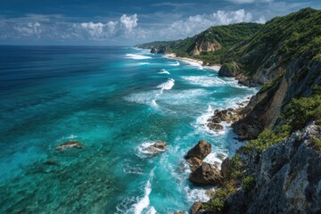 Obraz premium sweeping view from high cliffs overlooking turquoise ocean, bright daylight, dramatic yet airy scene.