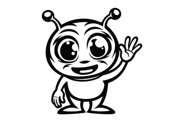 Cute cartoon alien waving with a friendly smile is outlined in black and white